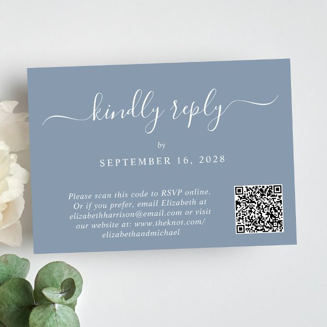 Tarjeta De Confirmación De Asistencia Elegante guión Foto Código QR Boda azul turbio (Our user-friendly template will generate your QR code automatically from your website address)