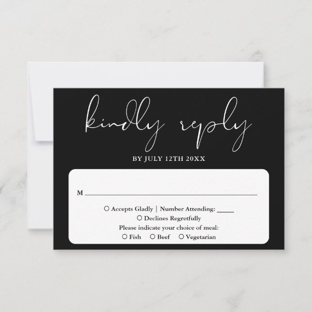 Tarjeta De Confirmación De Asistencia Elegante Guión Moderno Boda Blanco Y Negro (Anverso)