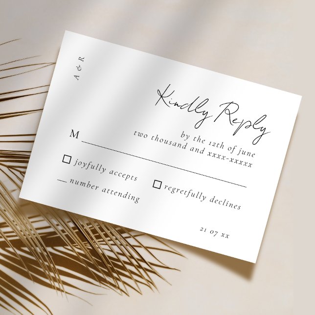 Tarjeta De Confirmación De Asistencia Elegante guion negro blanco boda simple (Subido por el creador)