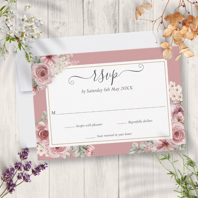 Tarjeta De Confirmación De Asistencia Elegante guión Rosa  Boda floral (Elegant Script Dusty Rose Floral Wedding RSVP Card)