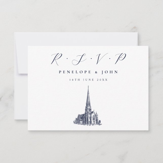 Tarjeta De Confirmación De Asistencia Elegante Ilustracion de iglesia Boda religioso (Anverso)