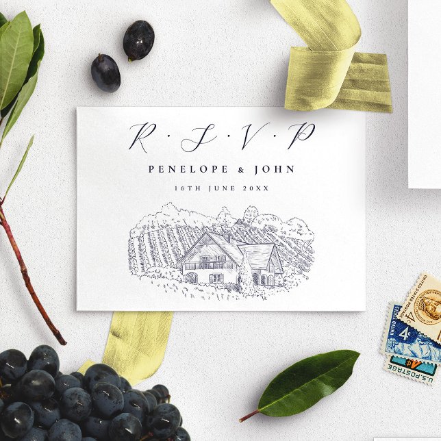 Tarjeta De Confirmación De Asistencia Elegante Ilustracion de Viña Boda de Destino (Elegant Vineyard Illustration Destination Wedding RSVP Card)