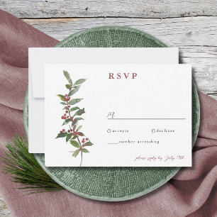 Tarjeta De Confirmación De Asistencia Elegante invierno Berries color de agua verde rojo