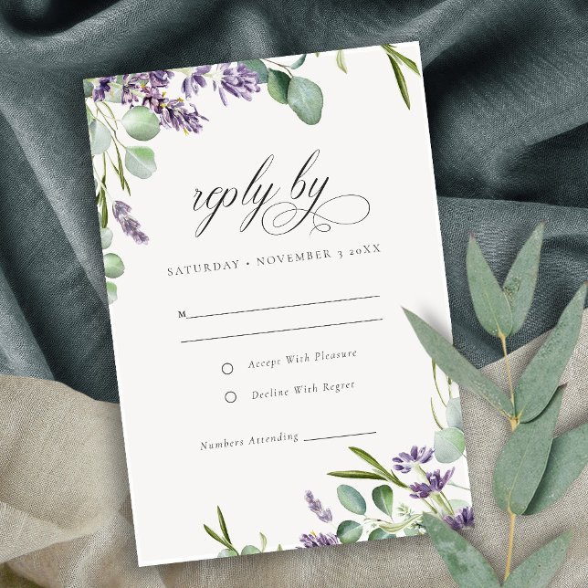 Tarjeta De Confirmación De Asistencia Elegante Lavanda Eucalyptus Leafy Foliage Boda (Subido por el creador)