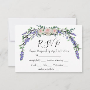 Tarjeta De Confirmación De Asistencia Elegante Lavanda Eucalyptus rosas blancas rosadas 