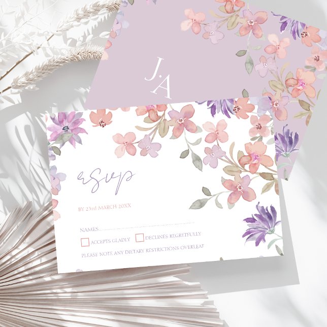 Tarjeta De Confirmación De Asistencia Elegante Lavanda Pink Whimsical Wildflower Boda (Elegant Lavender Pink Whimsical Wildflower Wedding RSVP Card)