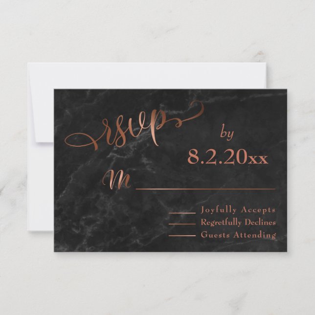 Tarjeta De Confirmación De Asistencia Elegante libreto de cobre con Black Marble Wedding (Anverso)