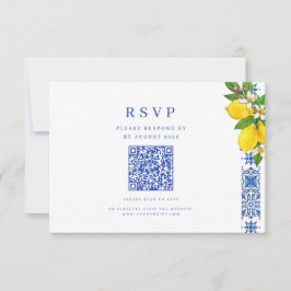 Tarjeta De Confirmación De Asistencia Elegante limón mediterráneo y Boda azul QR