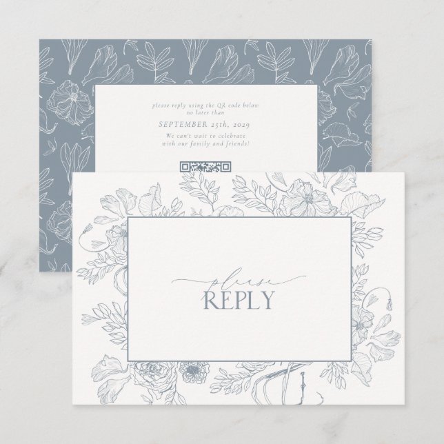 Tarjeta De Confirmación De Asistencia Elegante Línea Azul Dusty Azul Floral Boda Código  (Anverso / Reverso)