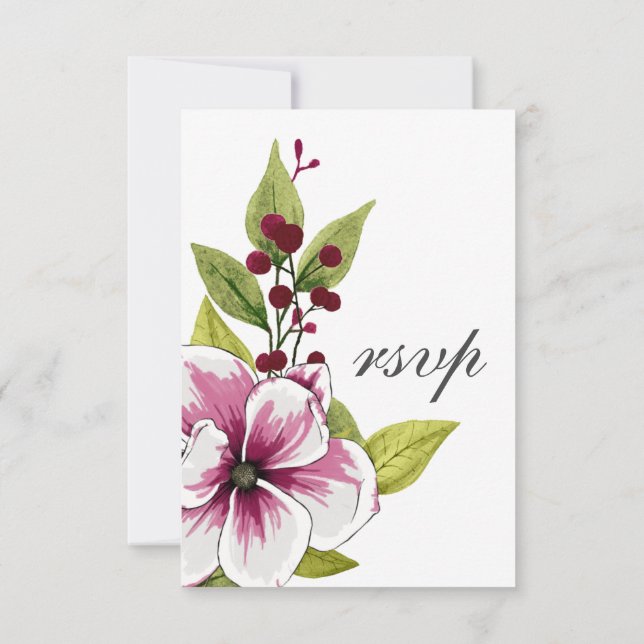 Tarjeta De Confirmación De Asistencia Elegante Magenta White Florals Botánicos Verdes (Reverso)