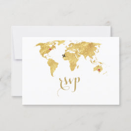 Tarjeta De Confirmación De Asistencia Elegante mapa del mundo del Relieve metalizado dor