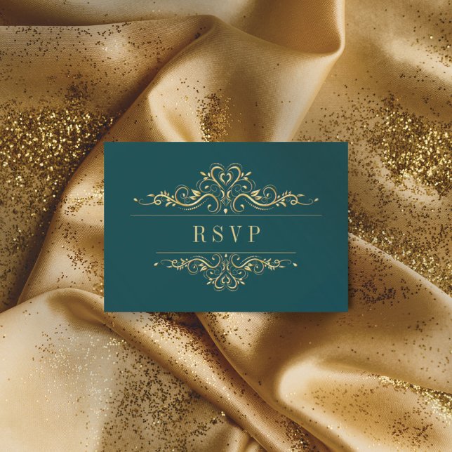 Tarjeta De Confirmación De Asistencia Elegante marco dorado verde gasolina lujo (Subido por el creador)