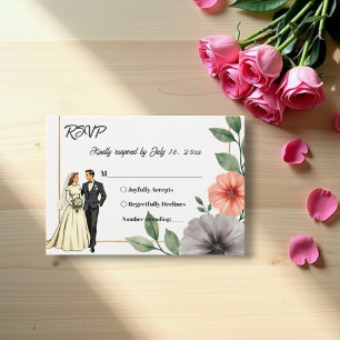 Tarjeta De Confirmación De Asistencia Elegante Marco Floral Novia Y Boda De Moda Groom