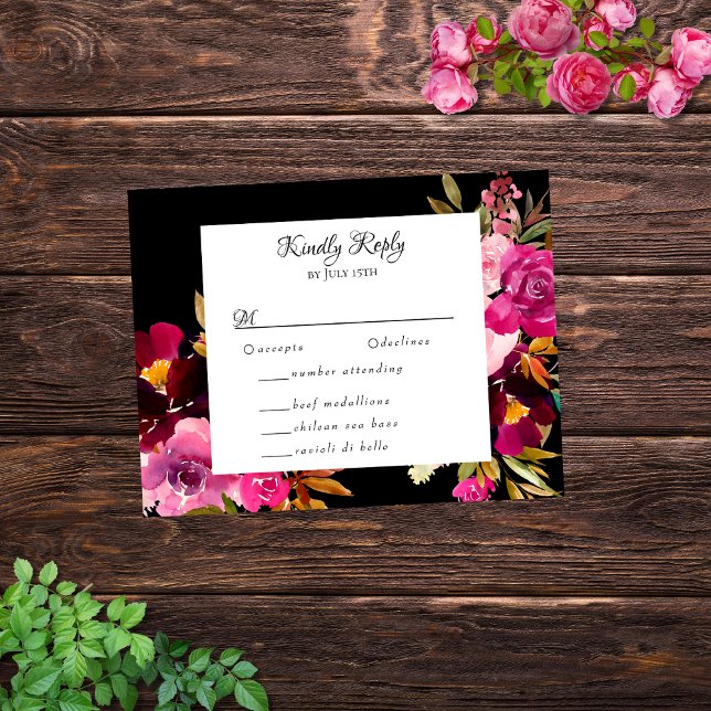Tarjeta De Confirmación De Asistencia Elegante marco floral rosa borgoñona negra (Subido por el creador)