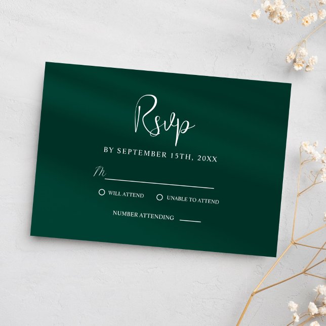 Tarjeta De Confirmación De Asistencia Elegante matrimonio de estilo moderno verde esmera (Emerald Green Modern Classy Elegant Wedding RSVP Card)