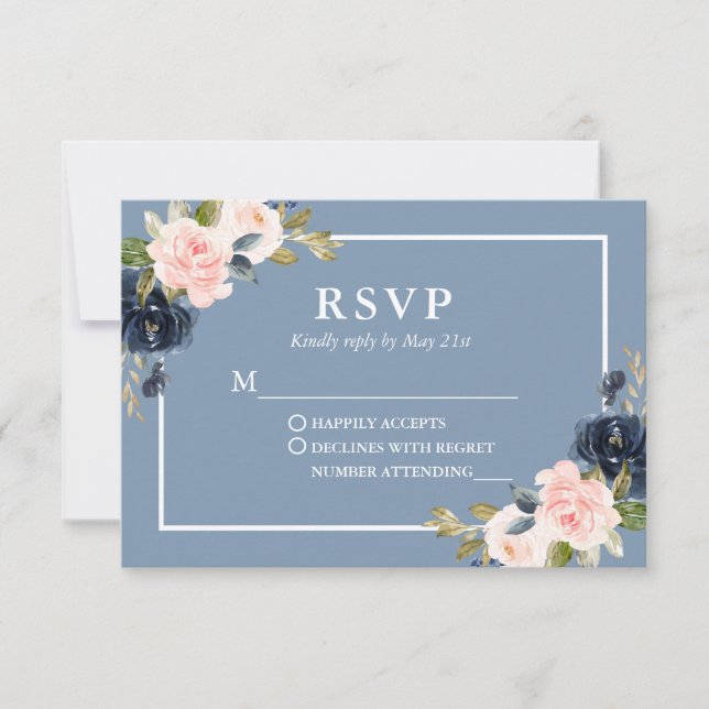 Tarjeta De Confirmación De Asistencia Elegante matrimonio floral elegante azul rosa Rubo (Anverso)