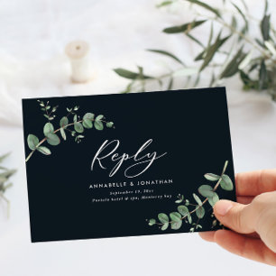 Tarjeta De Confirmación De Asistencia Elegante matrimonio negro Eucalyptus Greenery Wedd