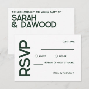 Tarjeta De Confirmación De Asistencia Elegante matrimonio verde blanco musulmán Minimali