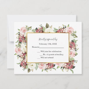 Tarjeta De Confirmación De Asistencia Elegante Mauve Pink Florals Boda de marco dorado R