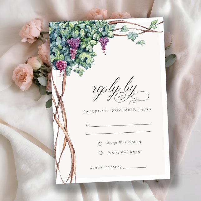 Tarjeta De Confirmación De Asistencia Elegante Moda acuarela Grapevine Foliage Boda (Subido por el creador)