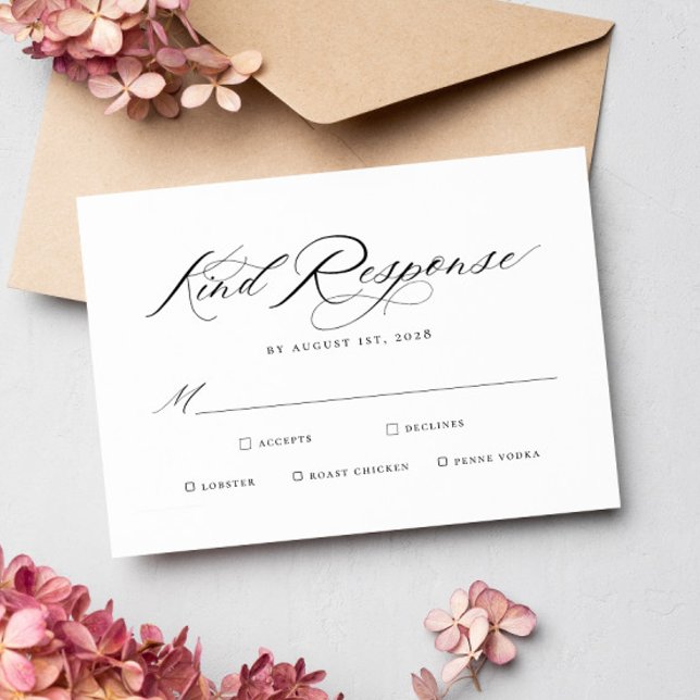 Tarjeta De Confirmación De Asistencia Elegante Moda caligrafía Boda opciones de comida (Subido por el creador)