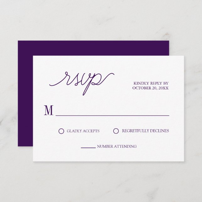 Tarjeta De Confirmación De Asistencia Elegante Moda de guión Boda Purple Minimal (Anverso / Reverso)