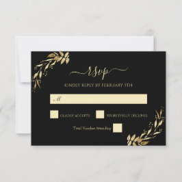 Tarjeta De Confirmación De Asistencia Elegante Moda Oro Eucalipto Negro Boda de follaje