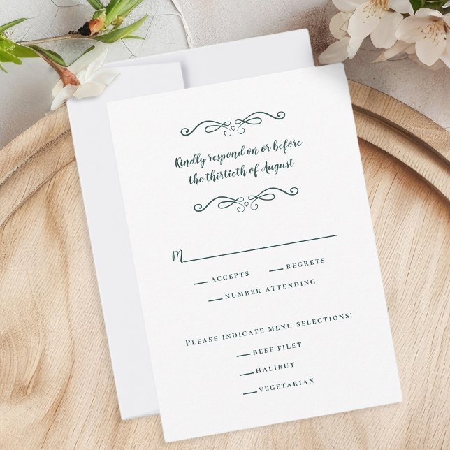 Tarjeta De Confirmación De Asistencia Elegante Moda verde esmeralda clásica de la comida (Elegant Wedding Meal Classic Emerald Green Chic RSVP Card)