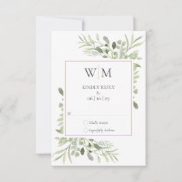 Tarjeta De Confirmación De Asistencia Elegante Monograma Acuarela Verde Boda