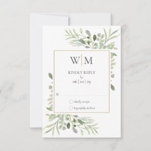 Tarjeta De Confirmación De Asistencia Elegante Monograma Acuarela Verde Boda