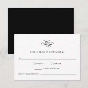 Tarjeta De Confirmación De Asistencia Elegante Monograma Boda mínimo blanco y negro