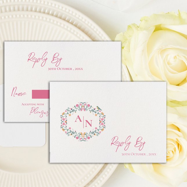 Tarjeta De Confirmación De Asistencia Elegante Monograma Bonito Boda floral intrincado (Elegant Monogram Pretty Intricate Floral Wedding RSVP Card)