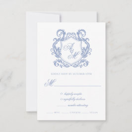 Tarjeta De Confirmación De Asistencia Elegante Monograma Cresta Azul Polvoriento Boda