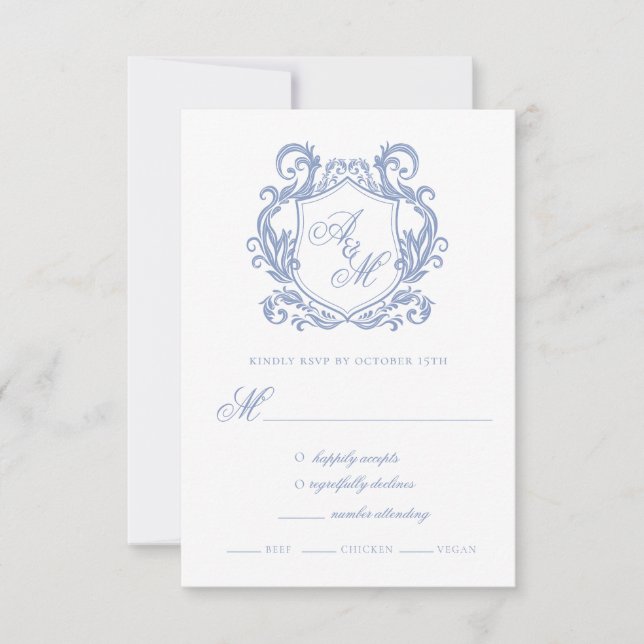Tarjeta De Confirmación De Asistencia Elegante Monograma Escudo azul turbio Boda (Anverso)