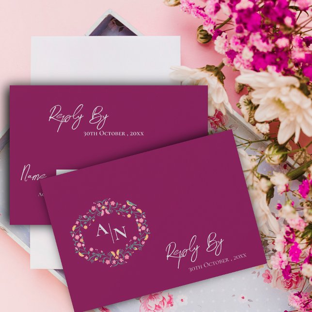 Tarjeta De Confirmación De Asistencia Elegante Monograma Red Intricate Boda Floral (Elegant Monogram Red Intricate Floral Wedding RSVP Card)