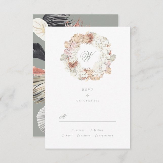 Tarjeta De Confirmación De Asistencia Elegante Monograma verde de Pampas Wreath Moss Sag (Anverso / Reverso)