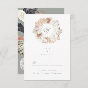 Tarjeta De Confirmación De Asistencia Elegante Monograma verde de Pampas Wreath Moss Sag