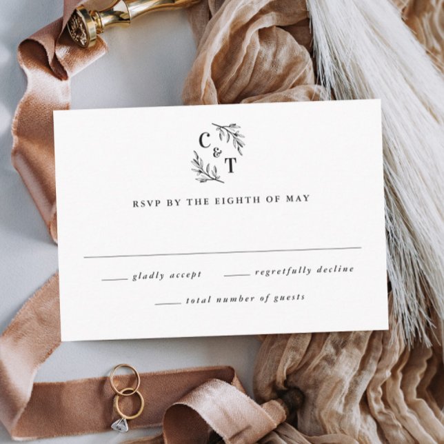 Tarjeta De Confirmación De Asistencia Elegante Monograma verde deja Boda (Elegant Wedding Monogram Black and White Wedding Invitation RSVP Card.)