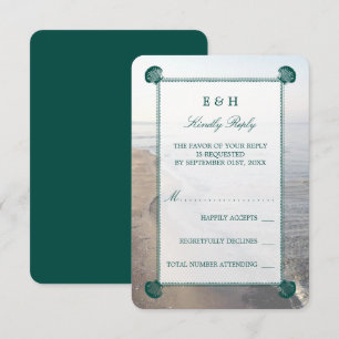 Tarjeta De Confirmación De Asistencia Elegante Monograma y Verde azulada boda de playa d