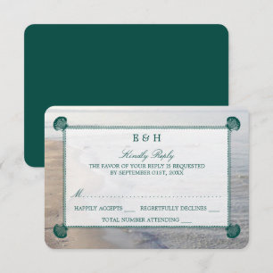 Tarjeta De Confirmación De Asistencia Elegante Monograma y Verde azulada boda de playa d