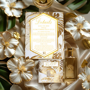 Tarjeta De Confirmación De Asistencia Elegante Monstera Gilded Gold Boda Details Card