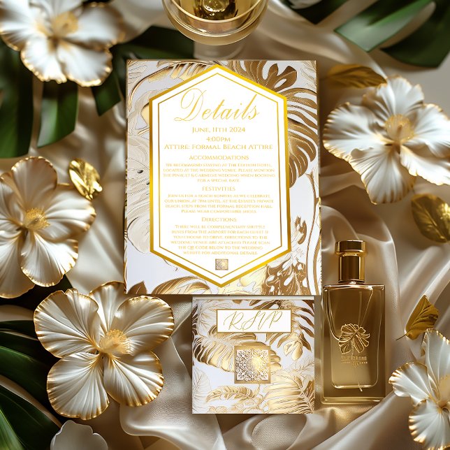 Tarjeta De Confirmación De Asistencia Elegante Monstera Gilded Gold Boda Details Card (Elegant Monstera Formal Destination Details Enclosure Card and RSVP QR Code Card)