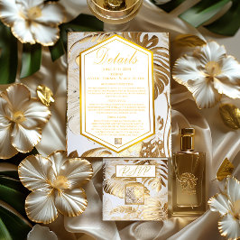 Tarjeta De Confirmación De Asistencia Elegante Monstera Gilded Gold Boda Details Card