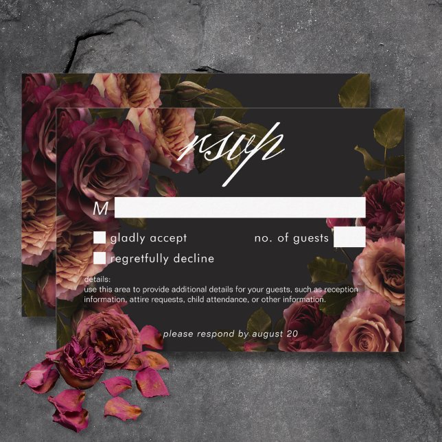 Tarjeta De Confirmación De Asistencia Elegante Moody Ahogado Burgundy Floral Sin Cena (Elegant Moody Muted Rust Burgundy Floral No Dinner RSVP Card)