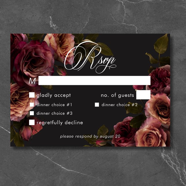 Tarjeta De Confirmación De Asistencia Elegante Moody Amueblado Rust & Burgundy Floral Di (Elegant Moody Muted Rust & Burgundy Floral Dinner RSVP Card)
