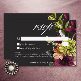 Tarjeta De Confirmación De Asistencia Elegante Moody Burgundy & Floral Rosa Sin Cena