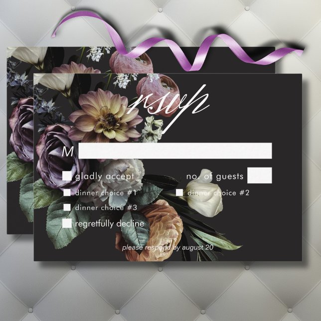 Tarjeta De Confirmación De Asistencia Elegante Moody Twilight Muted Floral Boda Cena (Elegant Moody Twilight Muted Floral Wedding Dinner RSVP Card)