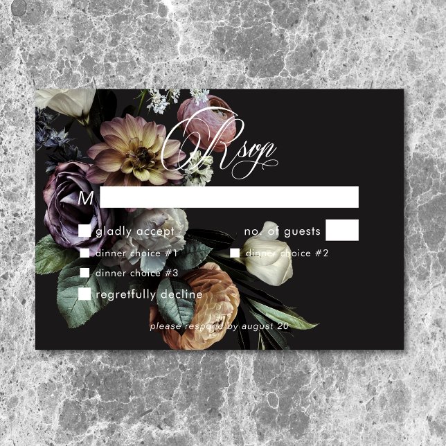 Tarjeta De Confirmación De Asistencia Elegante Moody Twilight Muted Floral Boda Cena (Elegant Moody Twilight Muted Floral Wedding Dinner RSVP Card)