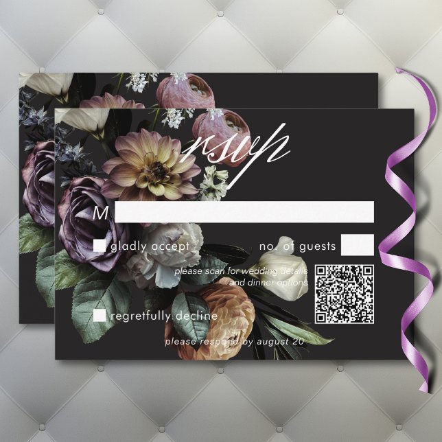 Tarjeta De Confirmación De Asistencia Elegante Moody Twilight Muted Floral QR Code (Elegant Moody Twilight Muted Floral QR Code RSVP Card)