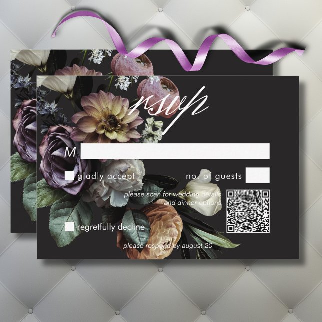 Tarjeta De Confirmación De Asistencia Elegante Moody Twilight Muted Floral QR Code (Elegant Moody Twilight Muted Floral QR Code RSVP Card)